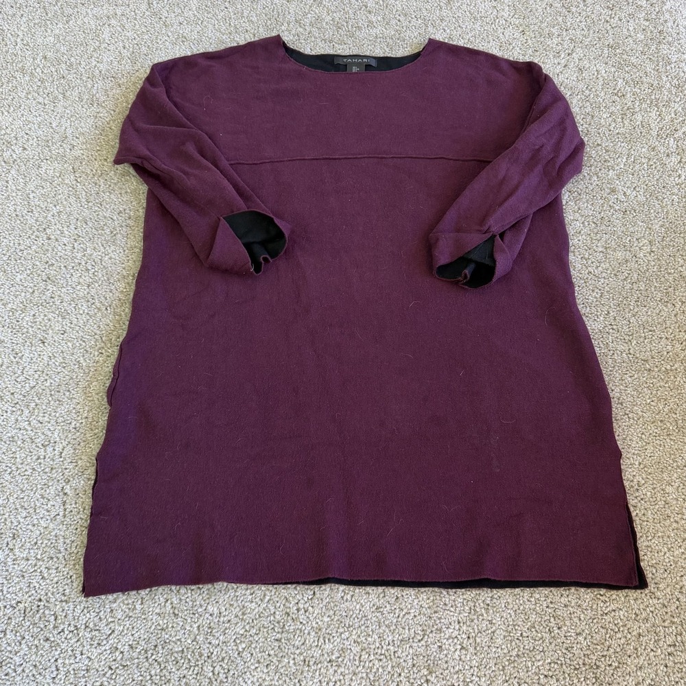 Tahari Sweater Womens L Purple Tight-Knit Tunic Boat Neck Long Sleeve Pullover